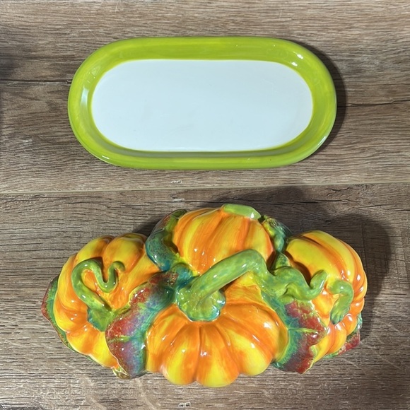 Vtg Essential Home Pumpkin Covered Butter Dish Ceramic Harvest Fall Thanksgiving - Picture 6 of 12